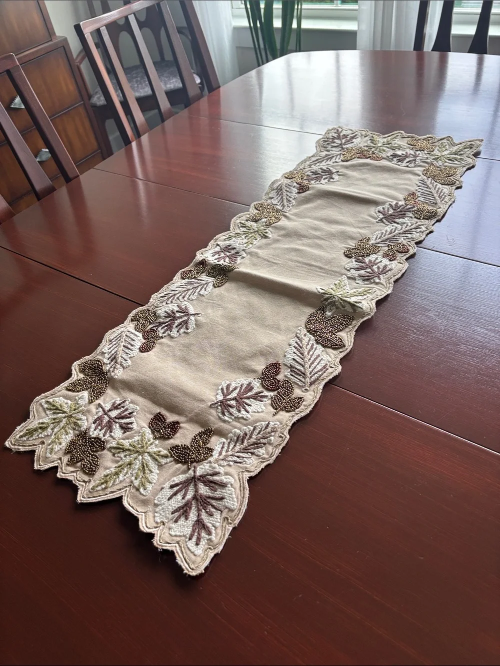 At Home Harvest Hearth embroidered & hand  beaded table runner,cotton